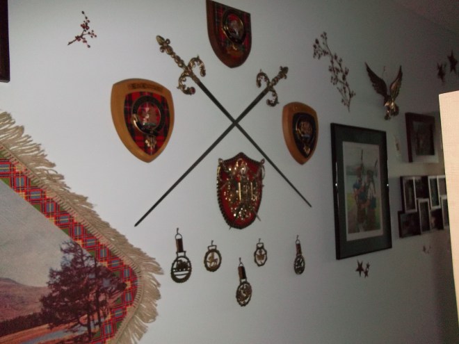 Hallway-Scottish Swords and Shields plus Horses' Brasses