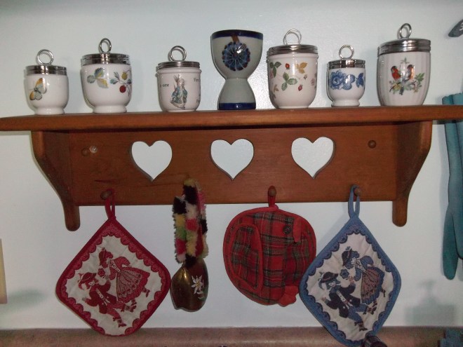 Kitchen-Egg Coddlers, Swedish shelf, Austrian and Scottish pot holders, cow bell