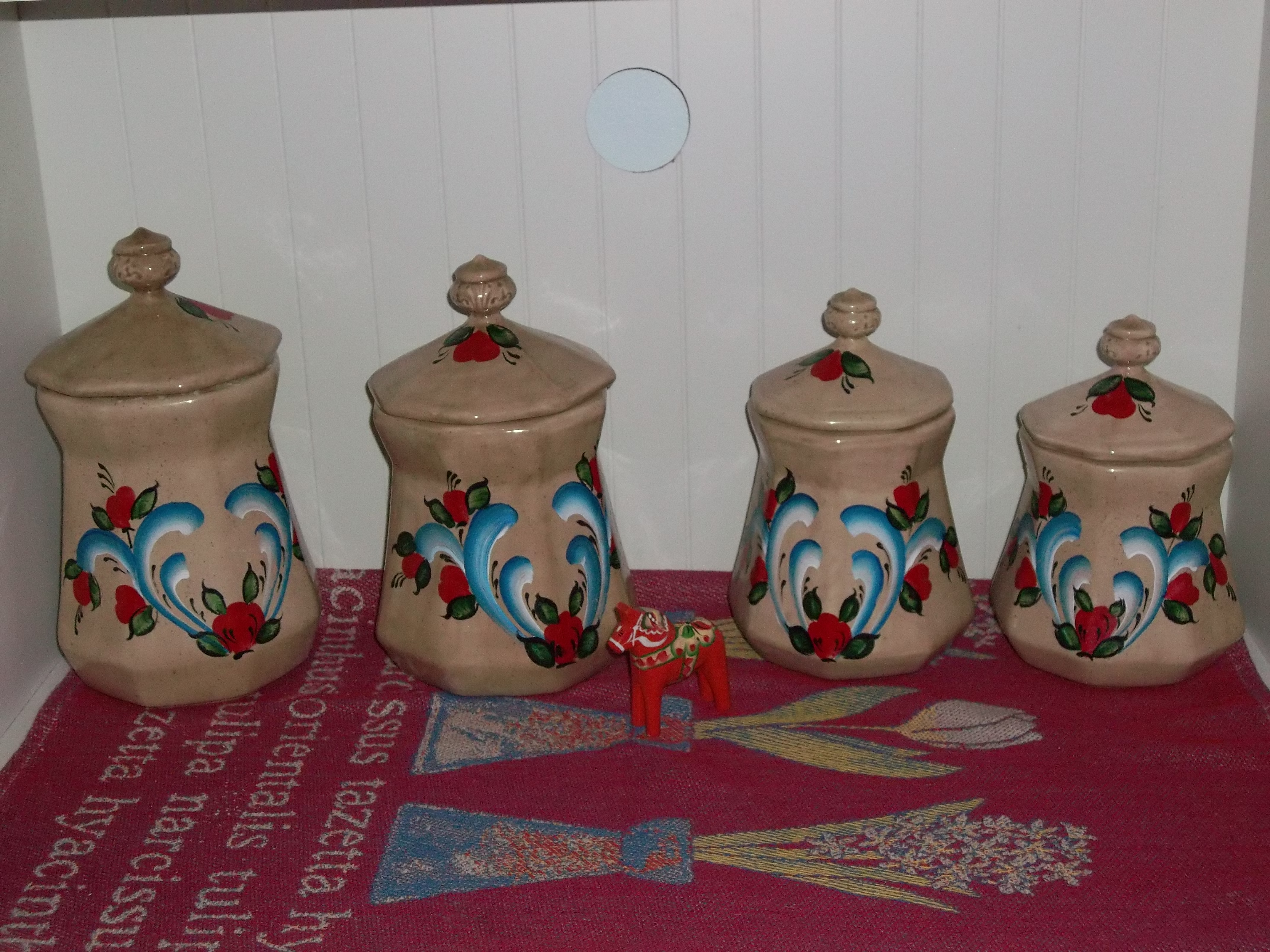 Kitchen-Rosemaled Canisters and Dalarna Hest, Swedish Cloth